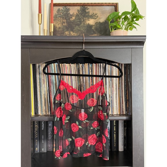 Cacique Tops - Y2K Dark Feminine Whimsigoth Cami 14/16 Red Rose Lace Mesh Sheer Lingerie Y2K